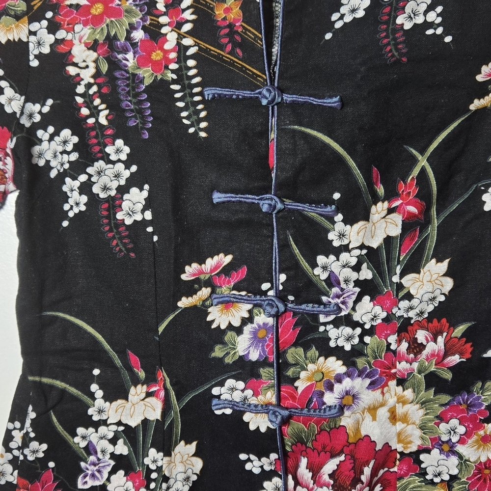 Womens Cotton Linen Short Sleeve Chinese Shirt with Flower Print Size M - Picture 10 of 16